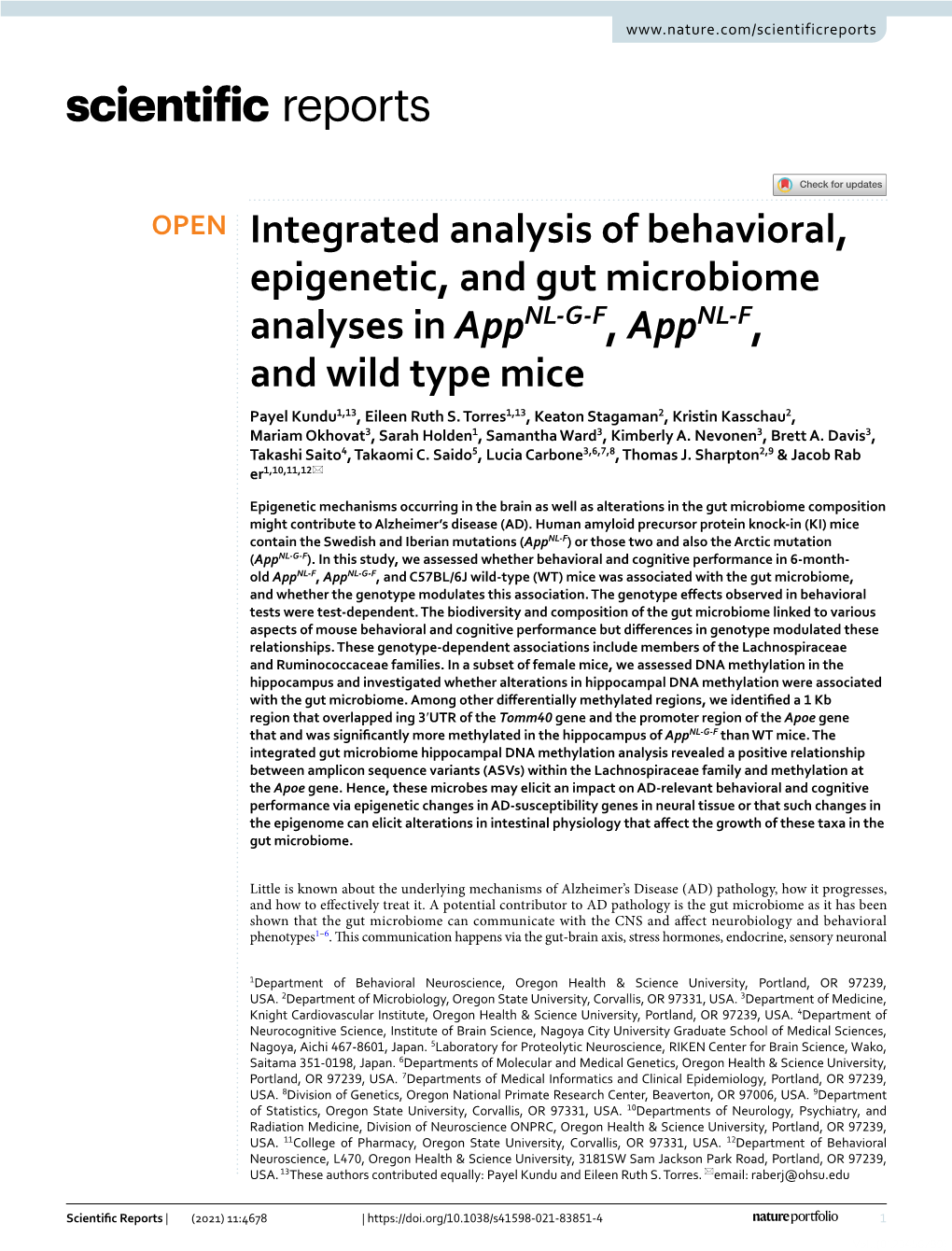 Integrated Analysis of Behavioral, Epigenetic, and Gut Microbiome Analyses in Appnl‑G‑F, Appnl‑F, and Wild Type Mice Payel Kundu1,13, Eileen Ruth S