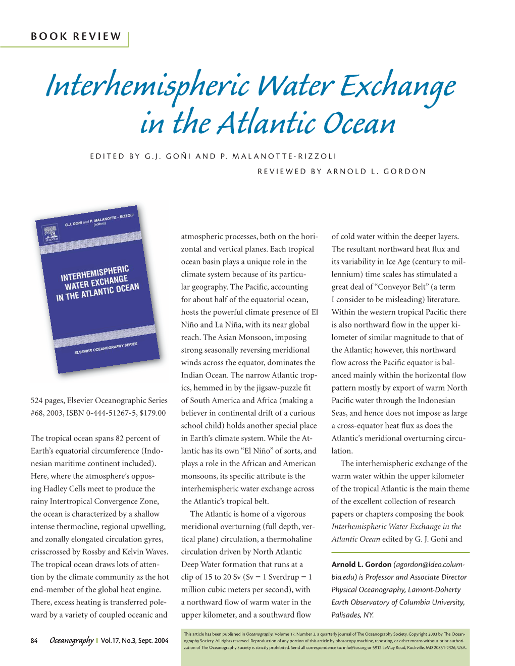 Interhemispheric Water Exchange in the Atlantic Ocean EDITED by G.J