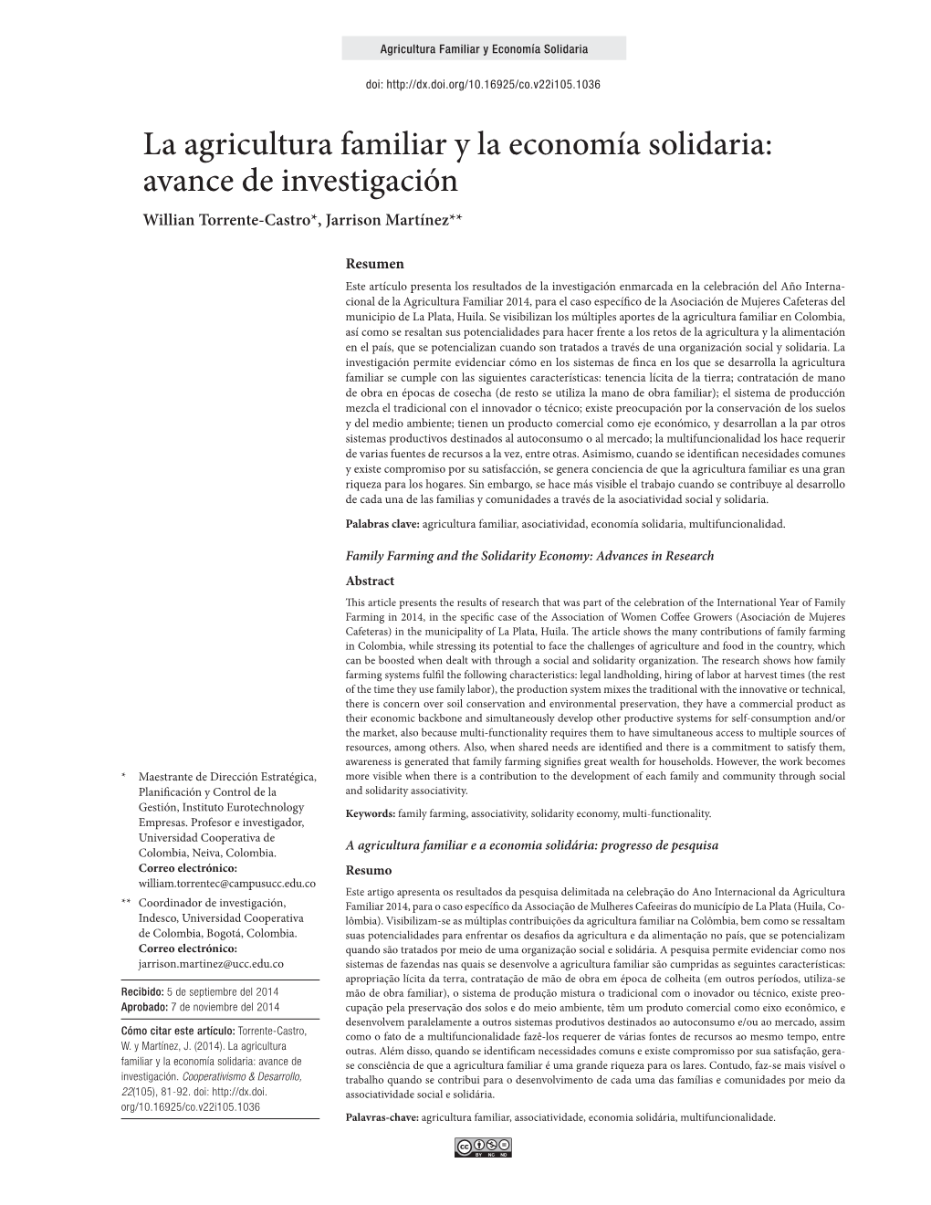 La Agricultura Familiar Y La Economía Solidaria: Avance De Investigación Willian Torrente-Castro*, Jarrison Martínez**