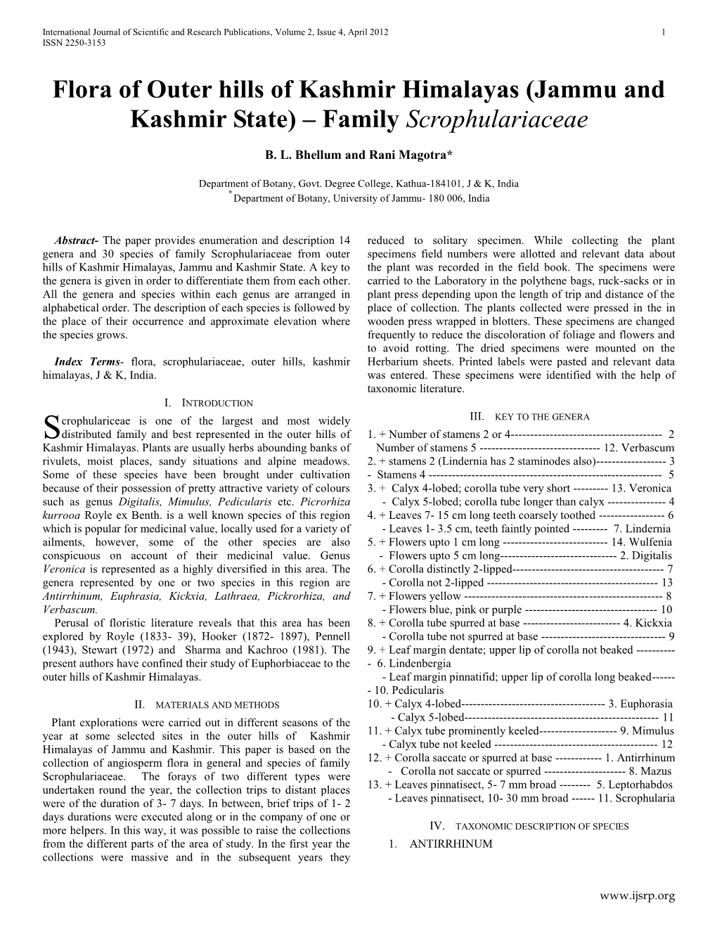 Flora of Outer Hills of Kashmir Himalayas (Jammu and Kashmir State) – Family Scrophulariaceae