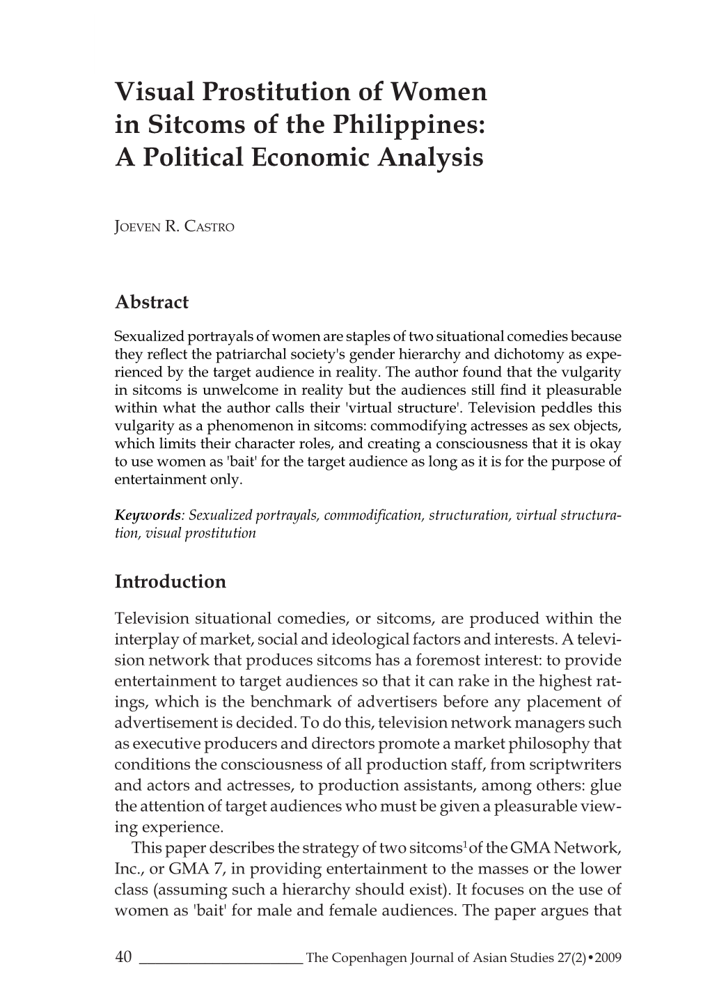 Visual Prostitution of Women in Sitcoms of the Philippines: a Political Economic Analysis