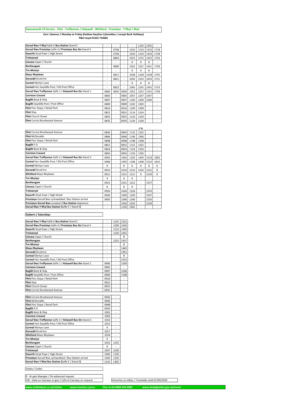 Service 19 Timetable (Flint