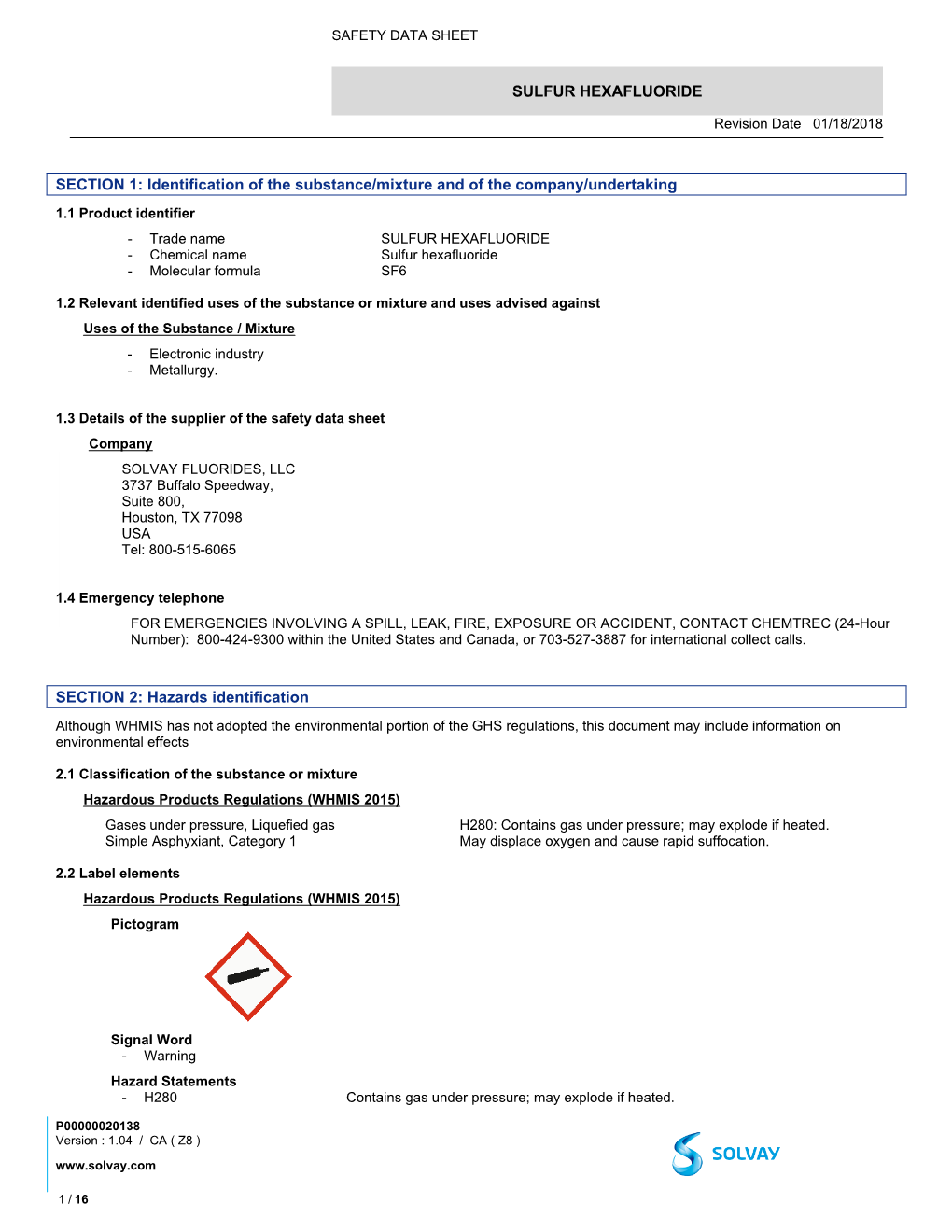 SULFUR HEXAFLUORIDE SECTION 1: Identification of the Substance