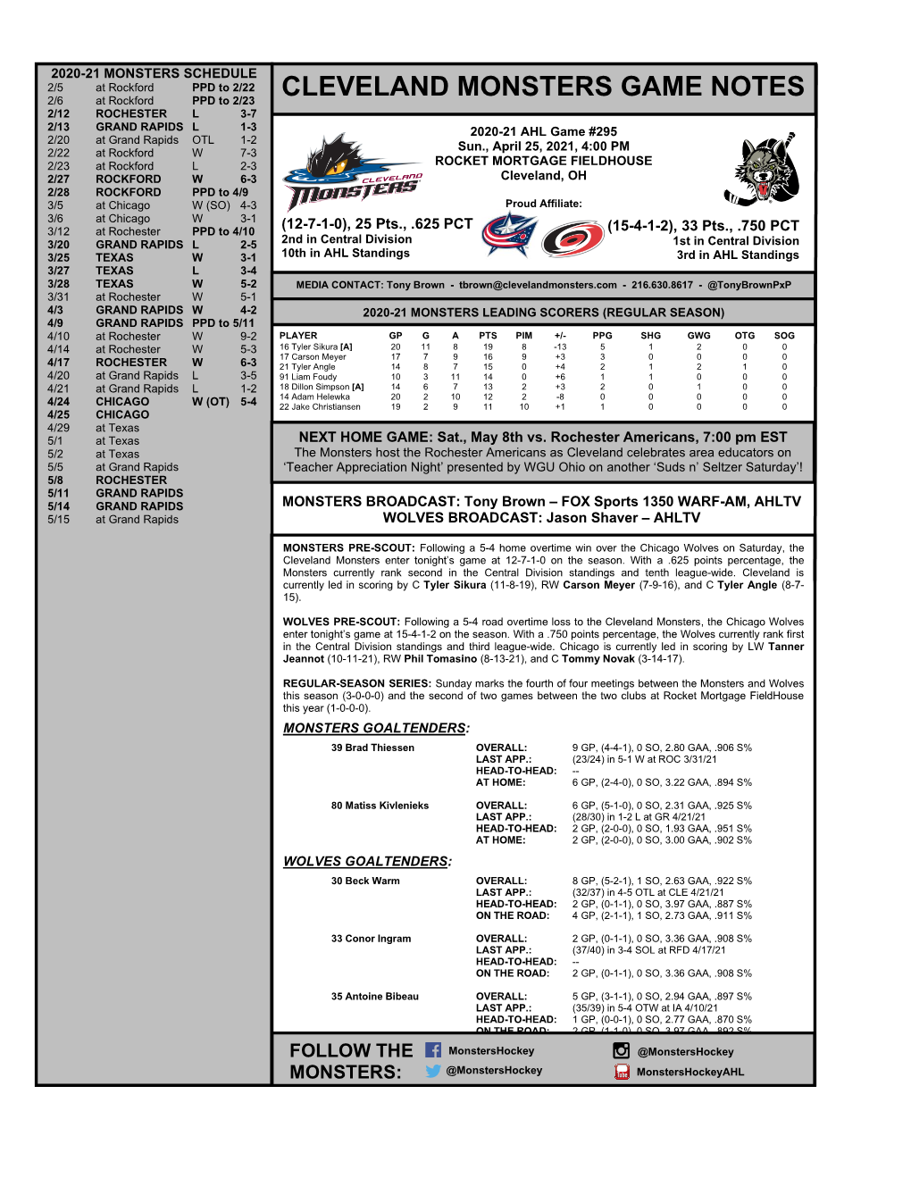 Cleveland Monsters Game Notes