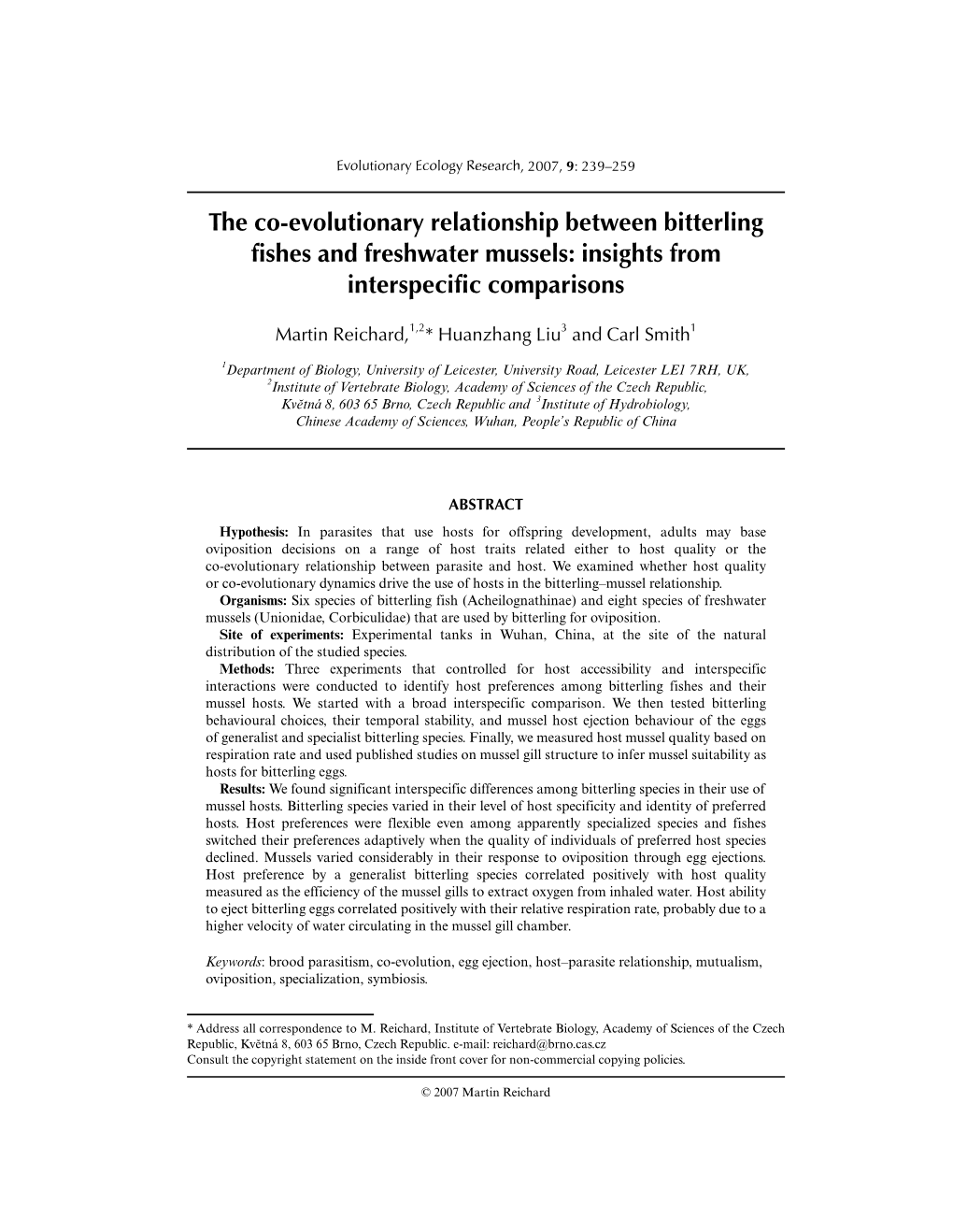 The Co-Evolutionary Relationship Between Bitterling Fishes and Freshwater Mussels: Insights from Interspecific Comparisons