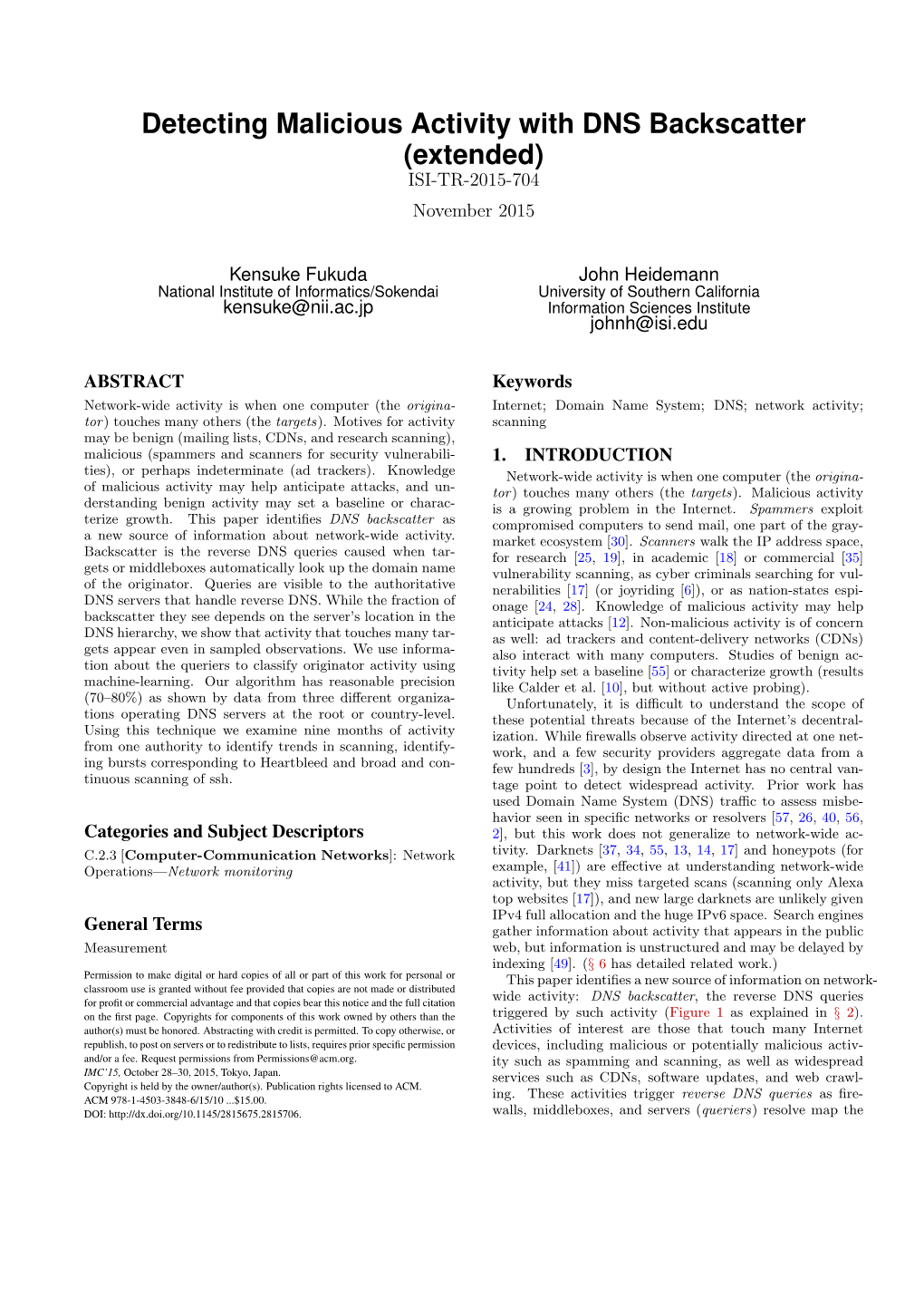 Detecting Malicious Activity with DNS Backscatter (Extended) ISI-TR-2015-704 November 2015