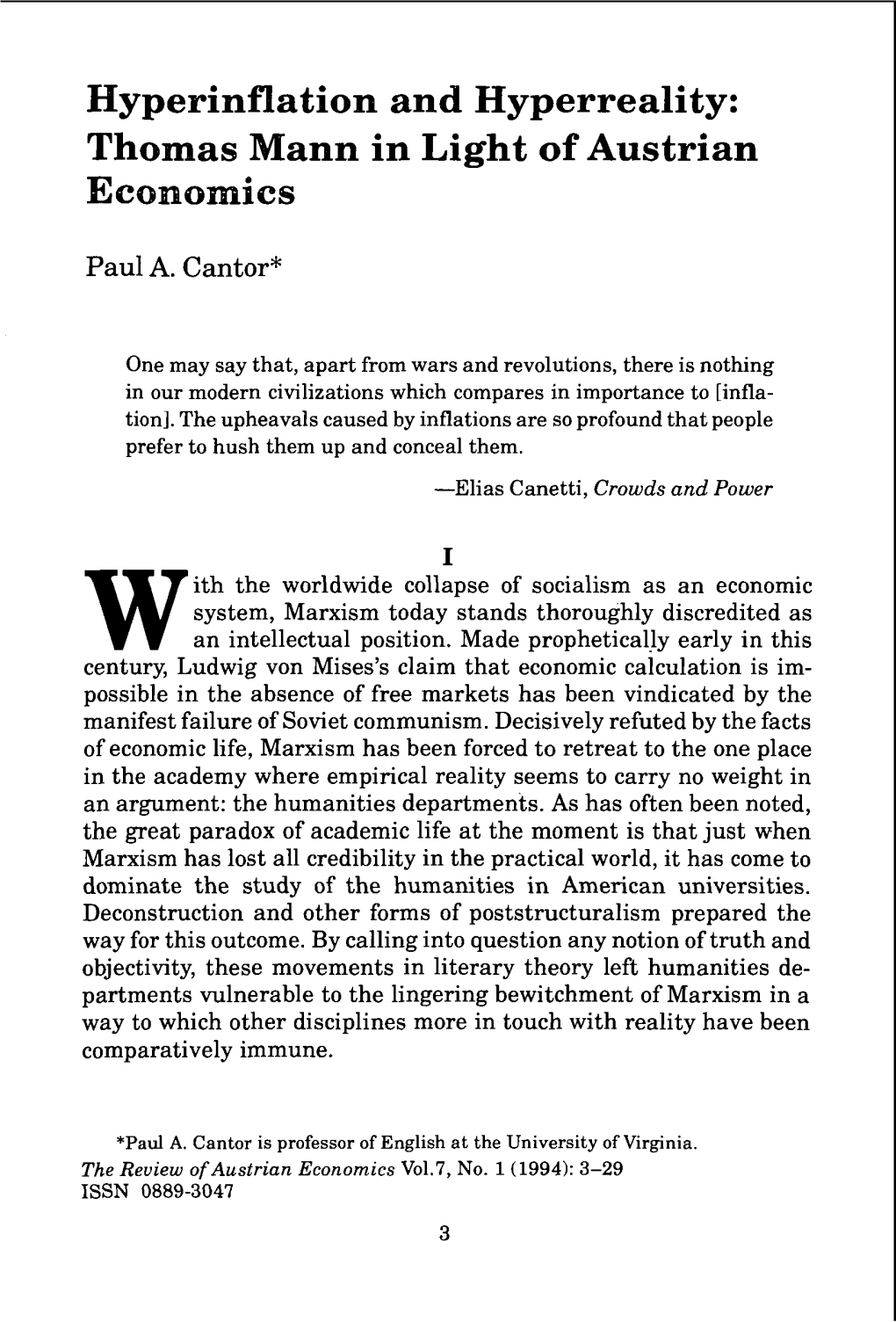 Hyperinflation and Hyperreality: Thomas Mann in Light of Austrian Economics