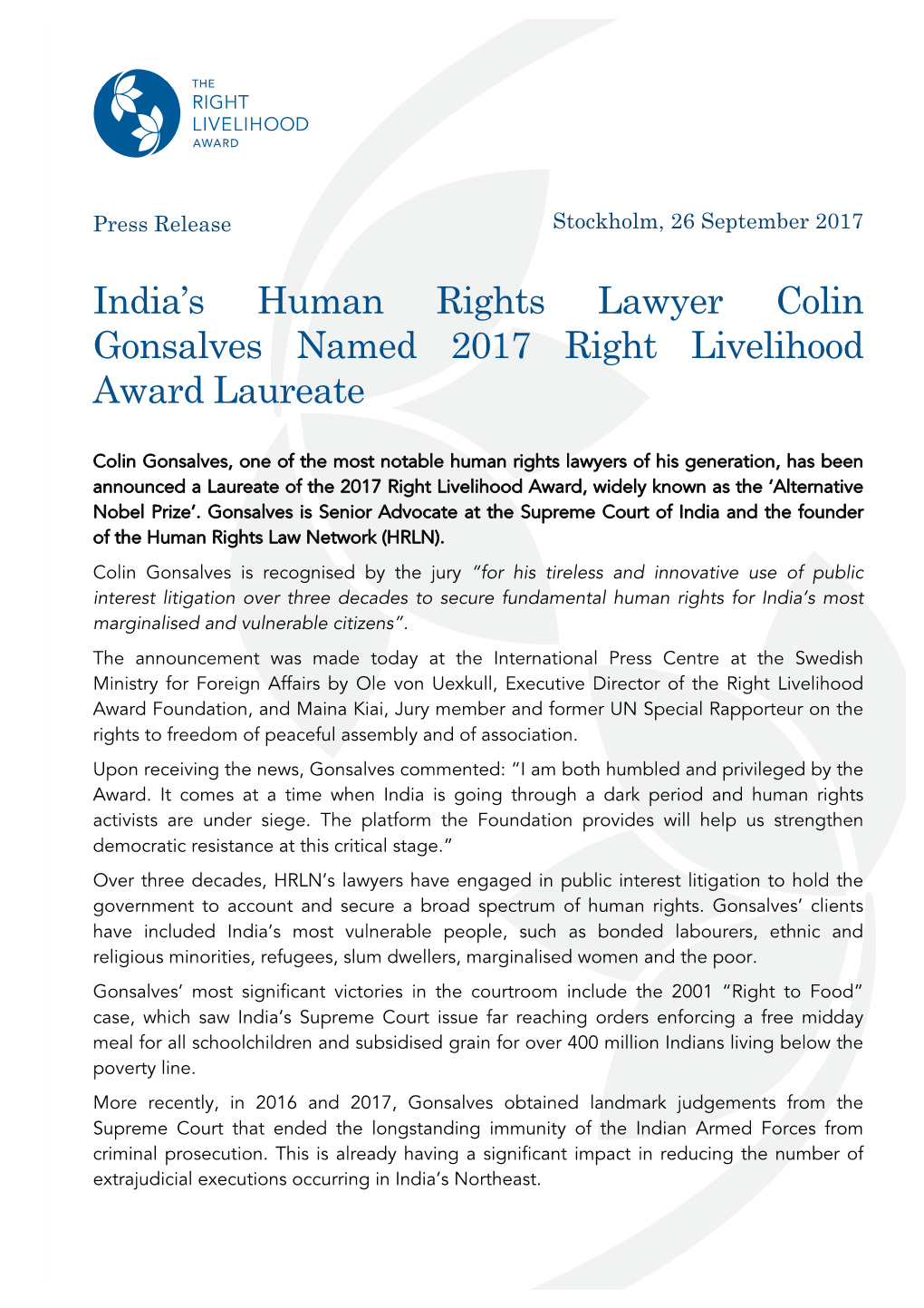 India's Human Rights Lawyer Colin Gonsalves Named 2017 Right