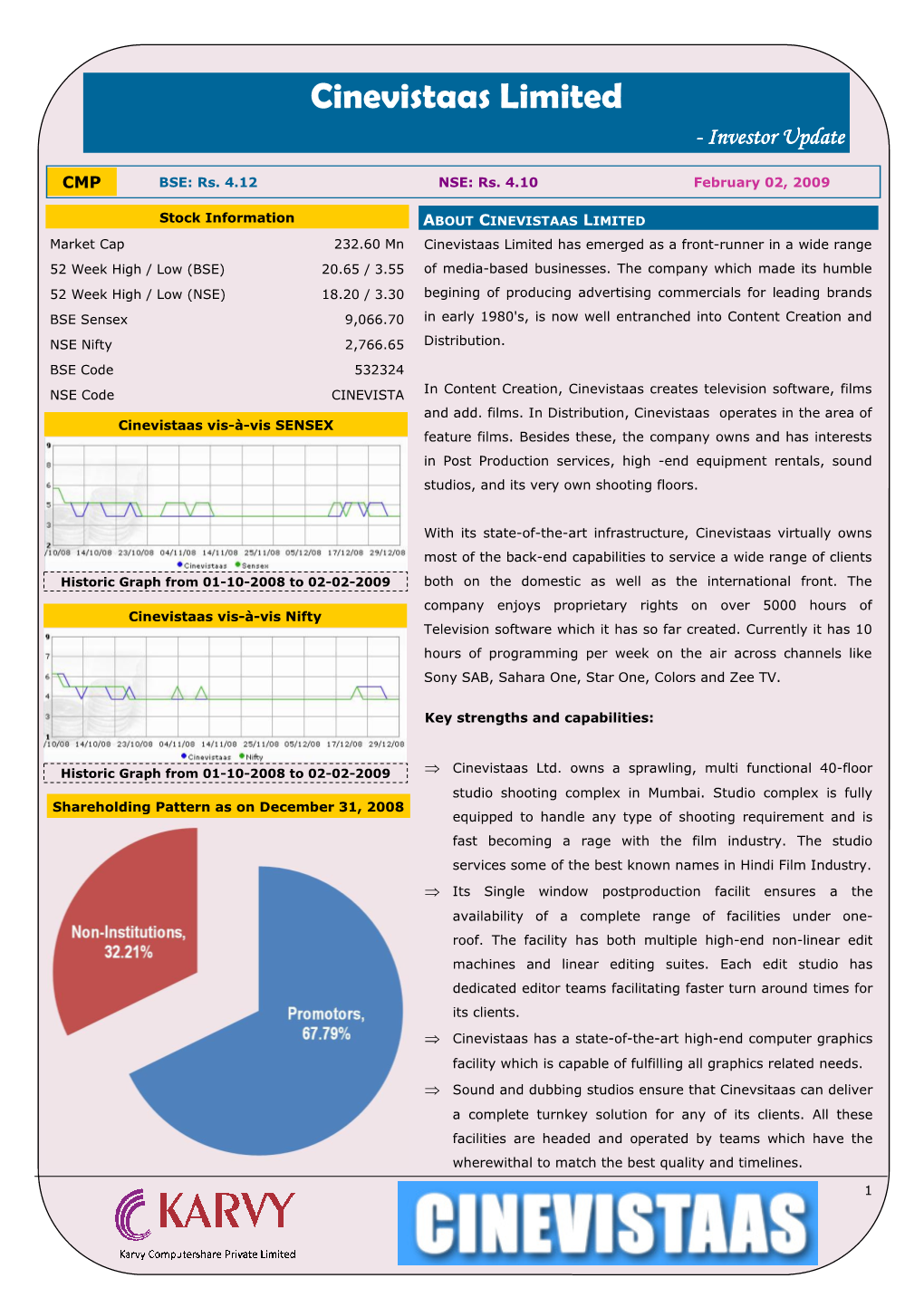 Cinevistaas Limited --- Investor Update