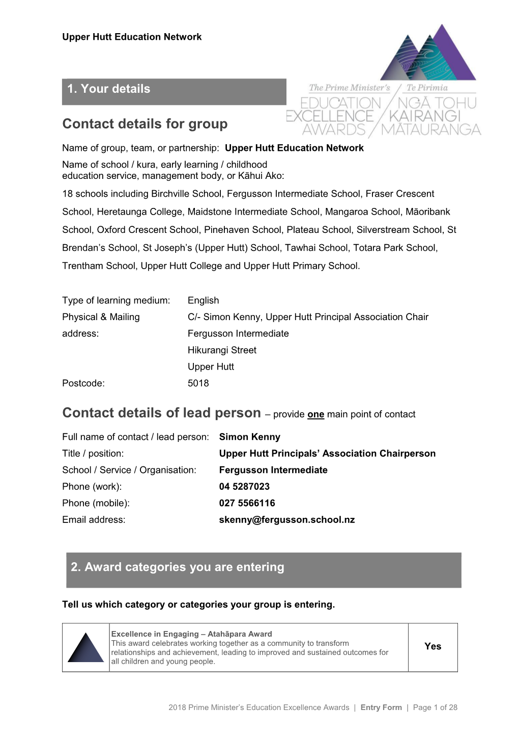 Contact Details for Group Contact Details of Lead