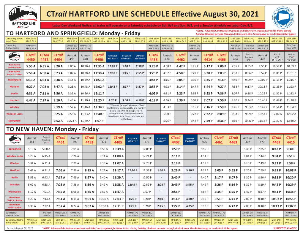 Ctrail HARTFORD LINE SCHEDULE Effective August 30, 2021