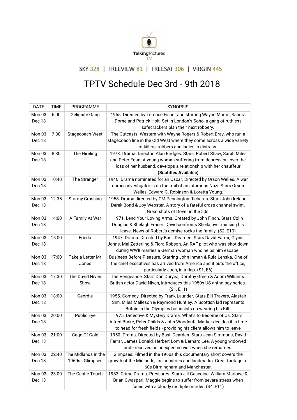 TPTV Schedule Dec 3Rd - 9Th 2018