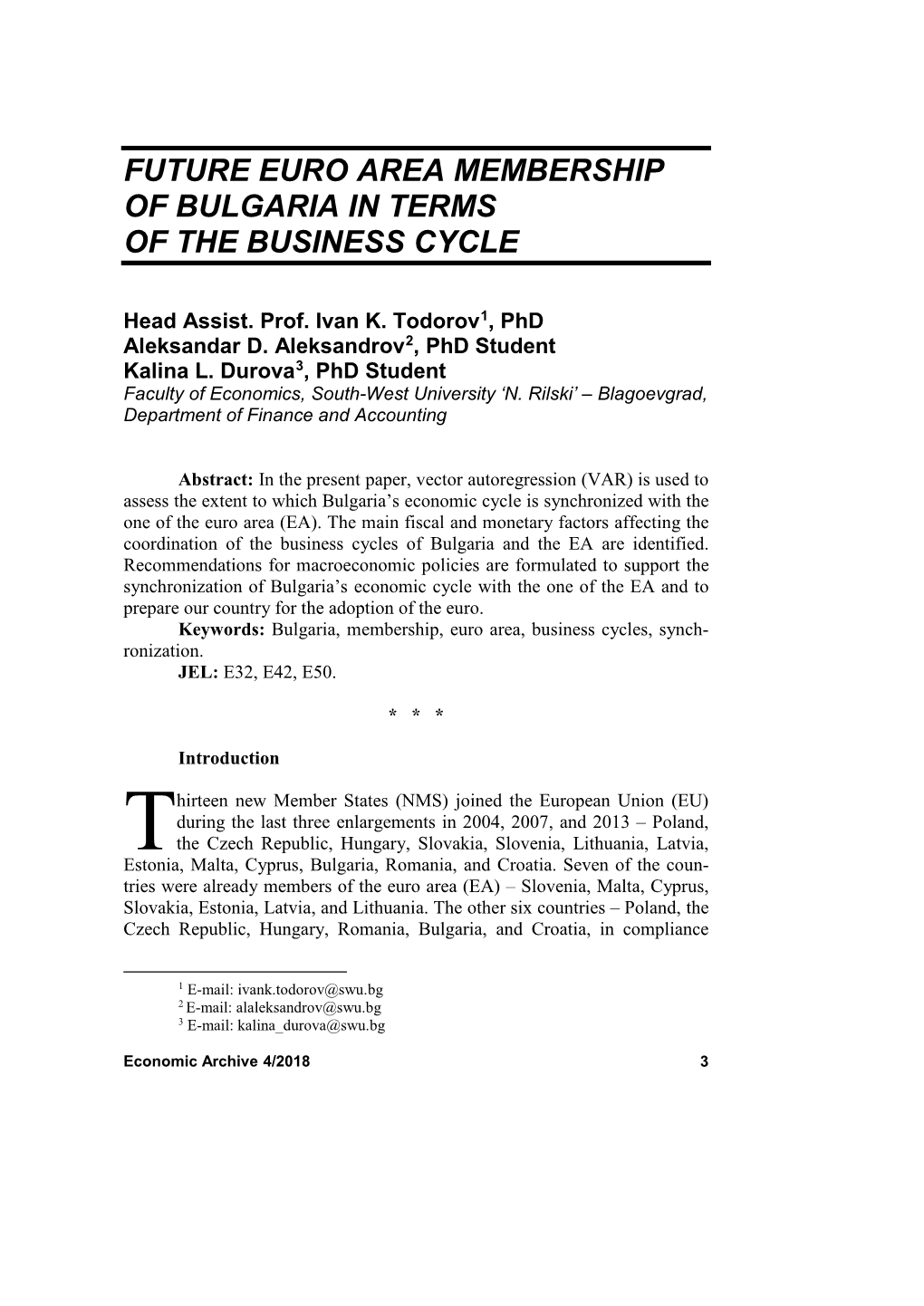 Future Euro Area Membership of Bulgaria in Terms of the Business Cycle