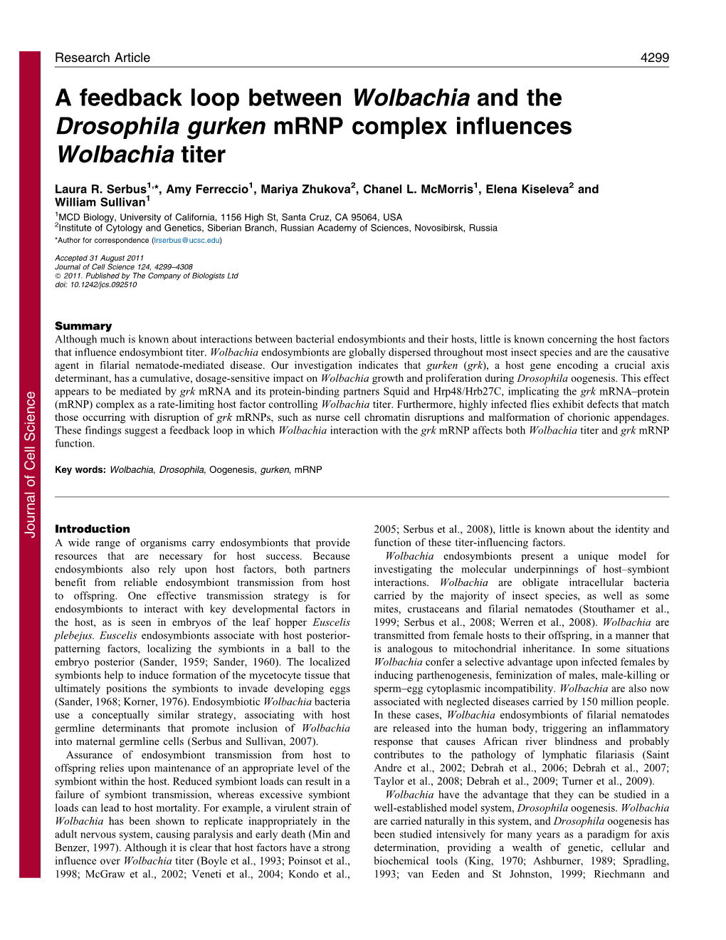 A Feedback Loop Between Wolbachia and the Drosophila Gurken Mrnp Complex Influences Wolbachia Titer