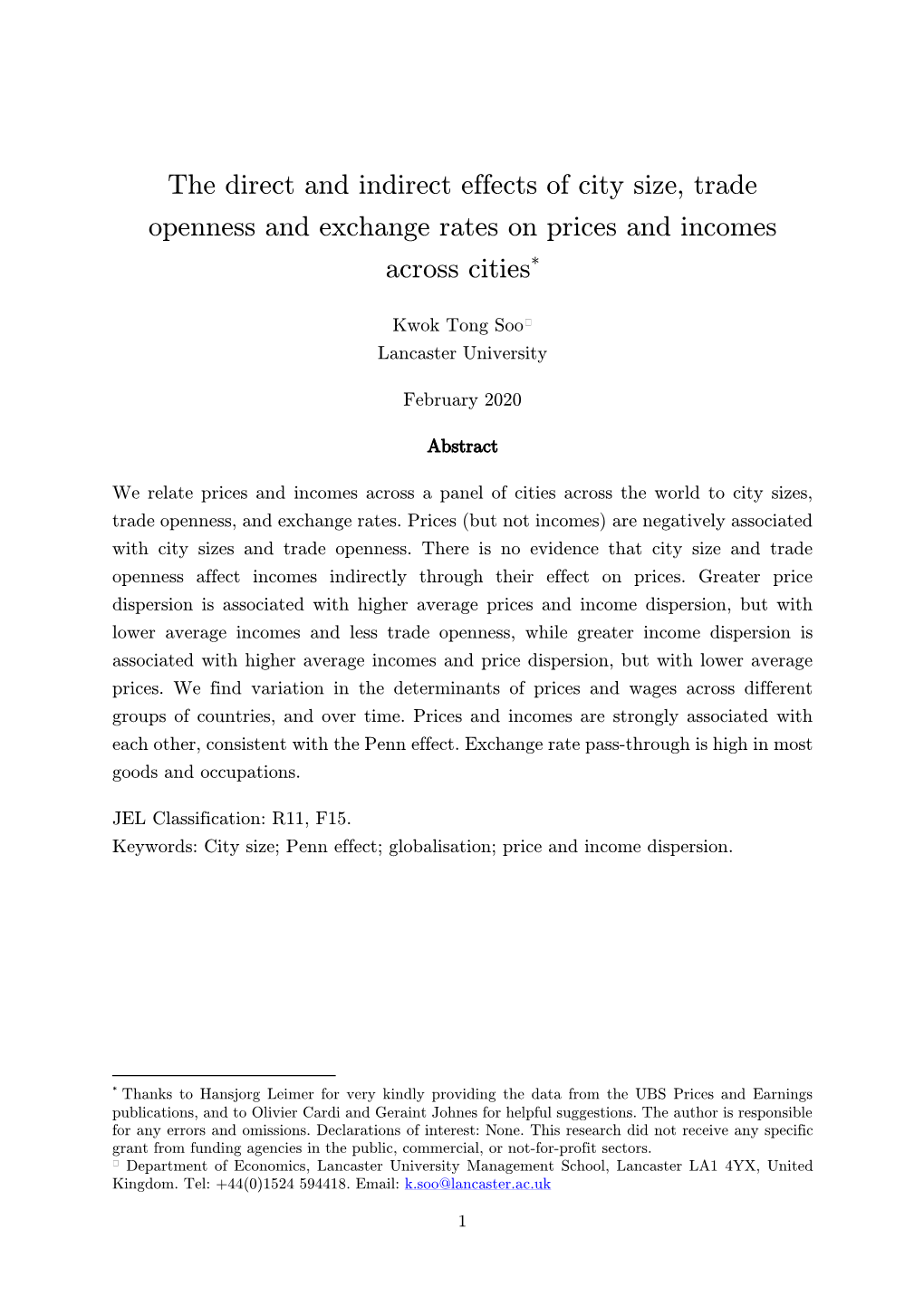 The Direct and Indirect Effects of City Size, Trade Openness and Exchange Rates on Prices and Incomes Across Cities*