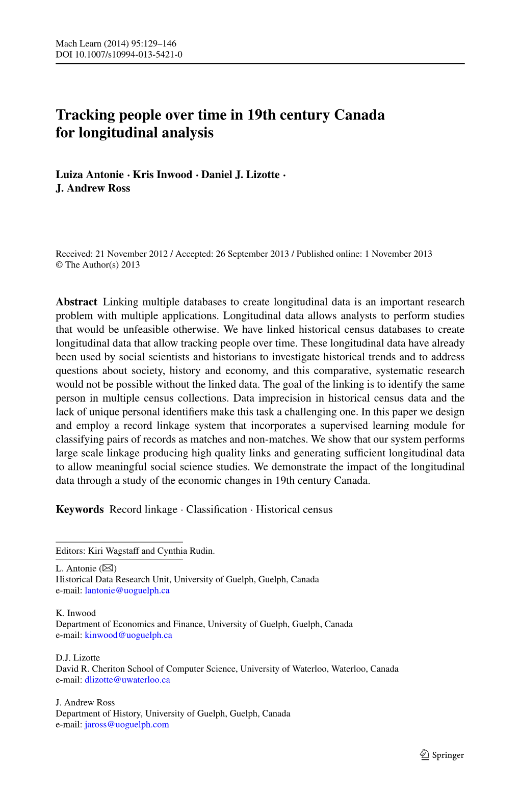 Tracking People Over Time in 19Th Century Canada for Longitudinal Analysis