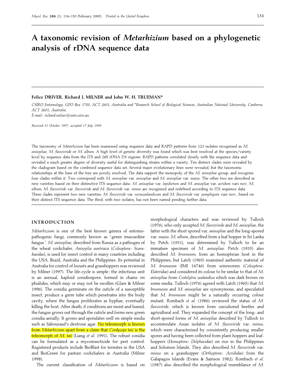 A Taxonomic Revision of Metarhizium Based on a Phylogenetic Analysis of Rdna Sequence Data