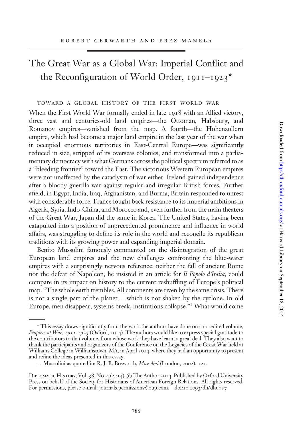 The Great War As a Global War: Imperial Conflict and the Reconfiguration of World Order, 1911–1923*