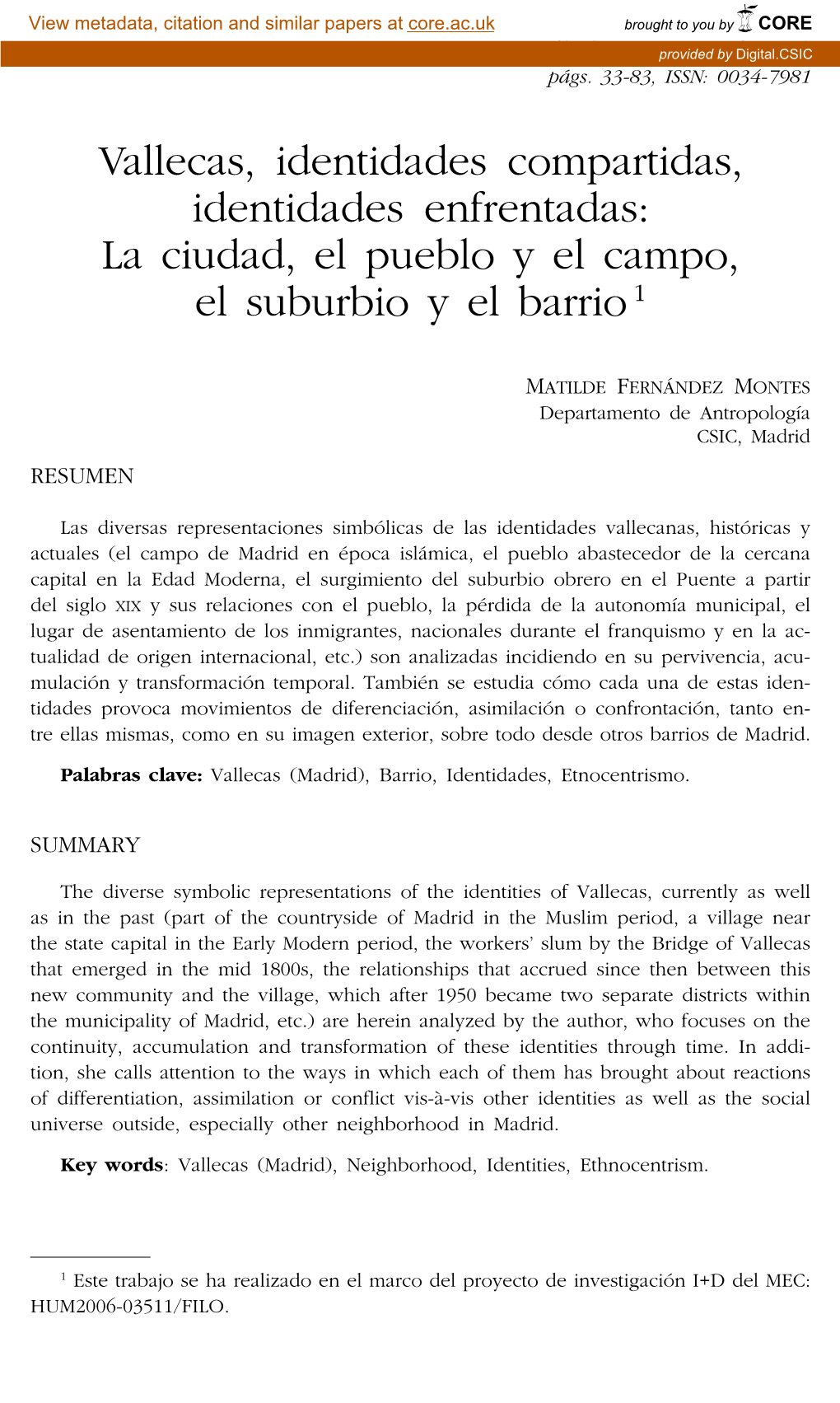 Vallecas, Identidades Compartidas, Identidades Enfrentadas: La Ciudad, El Pueblo Y El Campo, El Suburbio Y El Barrio 1