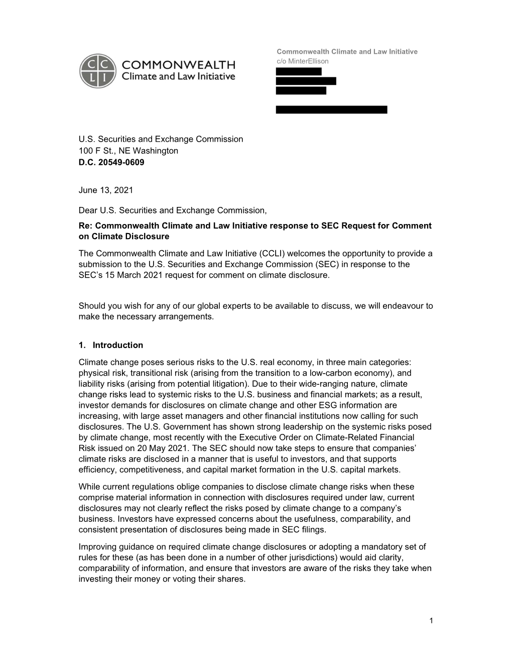 Re: Commonwealth Climate and Law Initiative Response to SEC Request