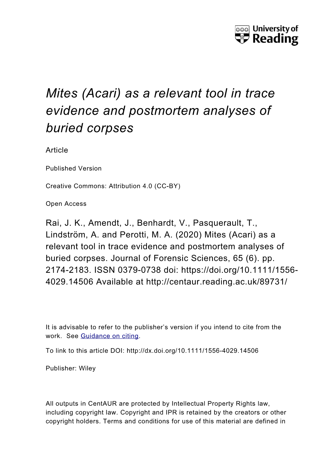 Mites (Acari) As a Relevant Tool in Trace Evidence and Postmortem Analyses of Buried Corpses