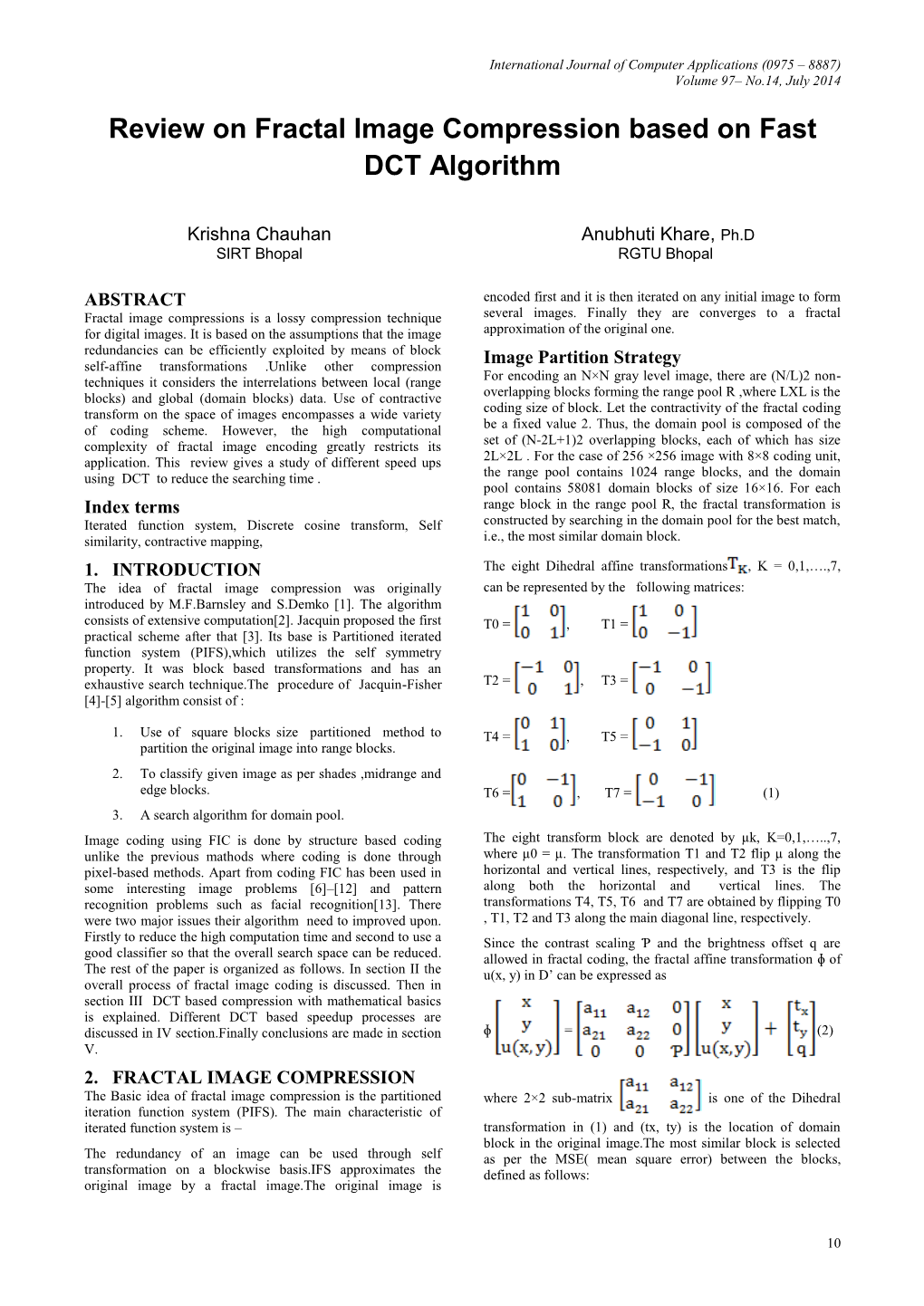 Review on Fractal Image Compression Based on Fast DCT Algorithm