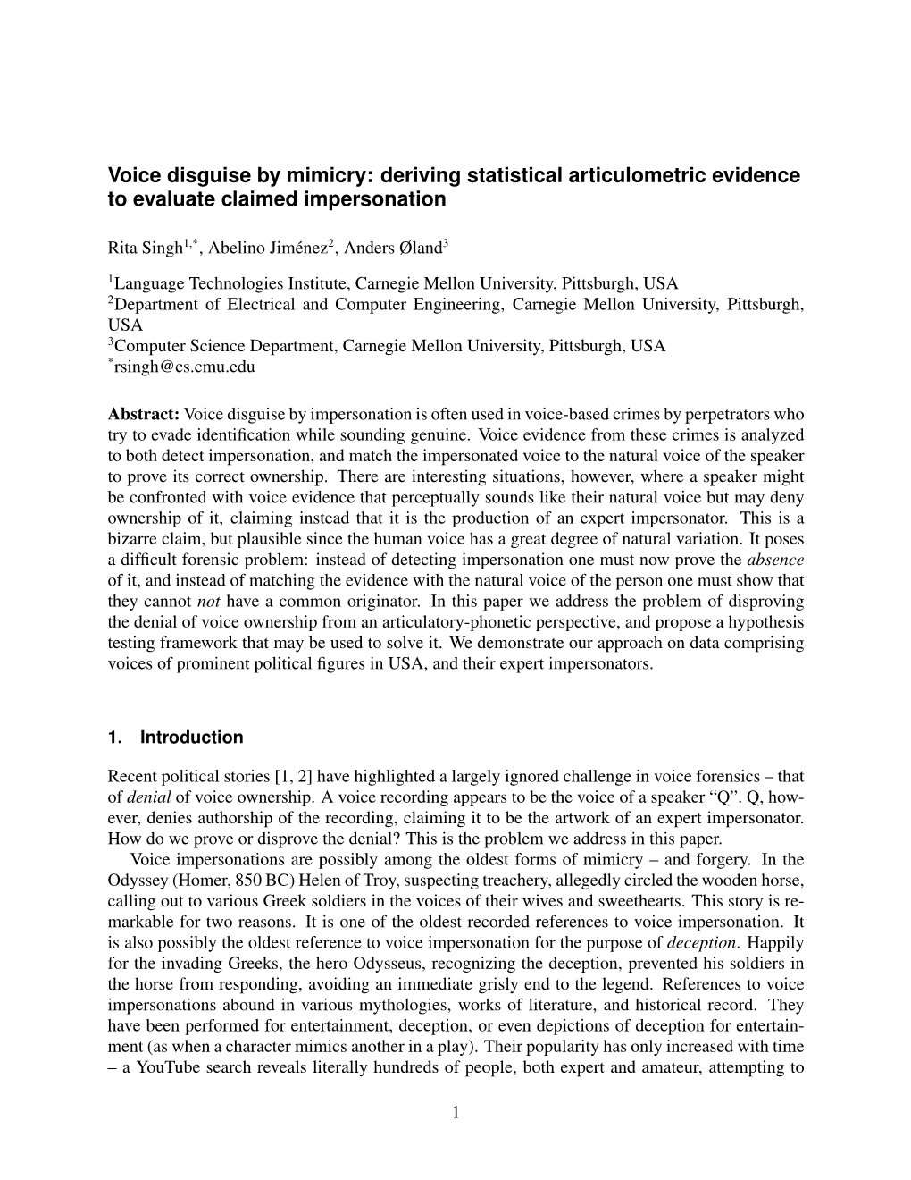 Voice Disguise by Mimicry: Deriving Statistical Articulometric Evidence to Evaluate Claimed Impersonation