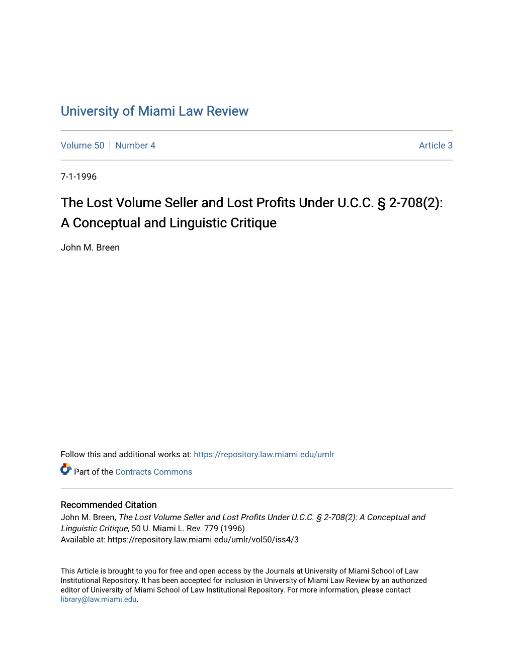 The Lost Volume Seller and Lost Profits Under UCC § 2-708(2)