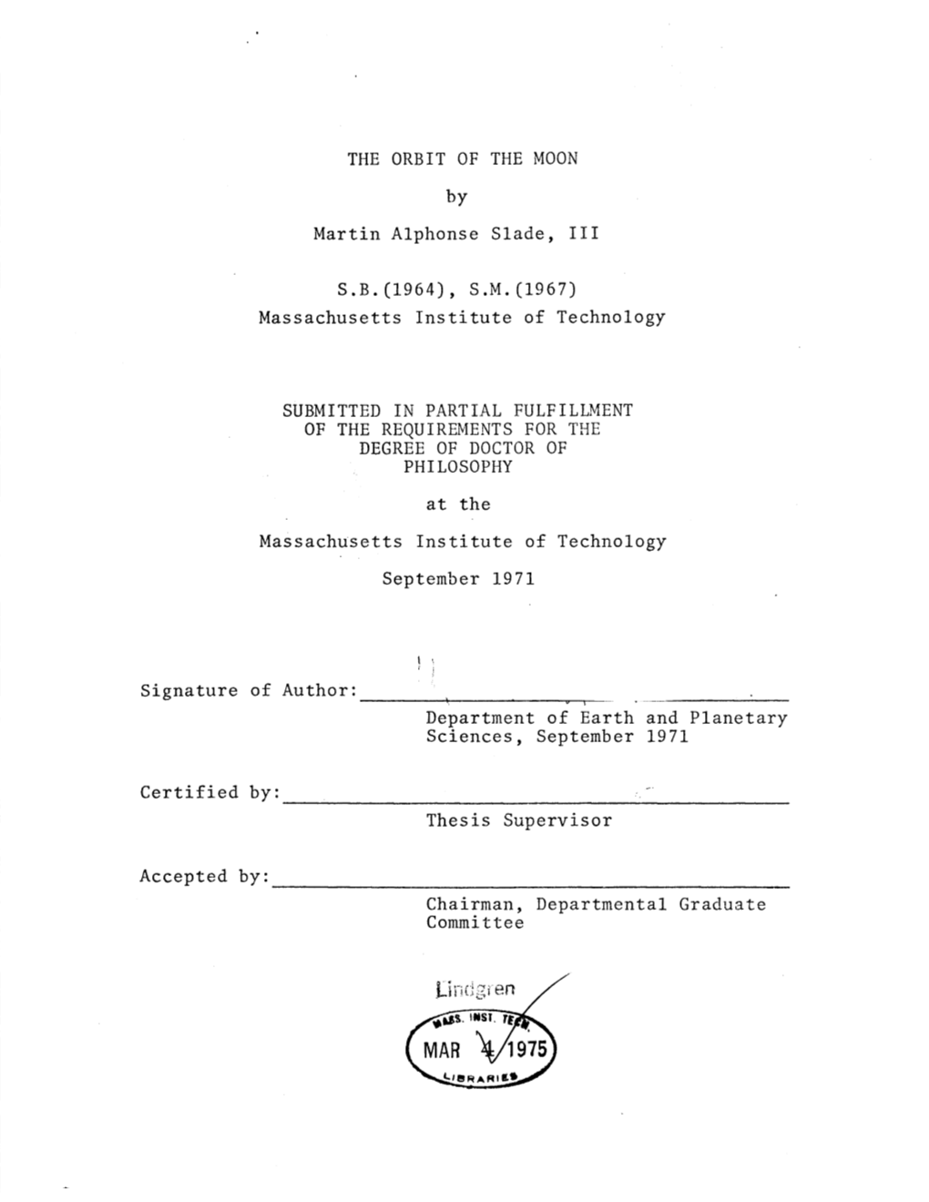 Signature of Author: Department of Earth and Planetary Sciences, September 1971