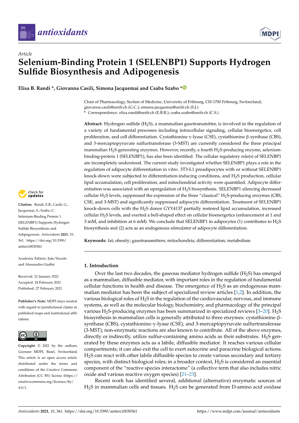 Selenium-Binding Protein 1 (SELENBP1) Supports Hydrogen Sulﬁde Biosynthesis and Adipogenesis