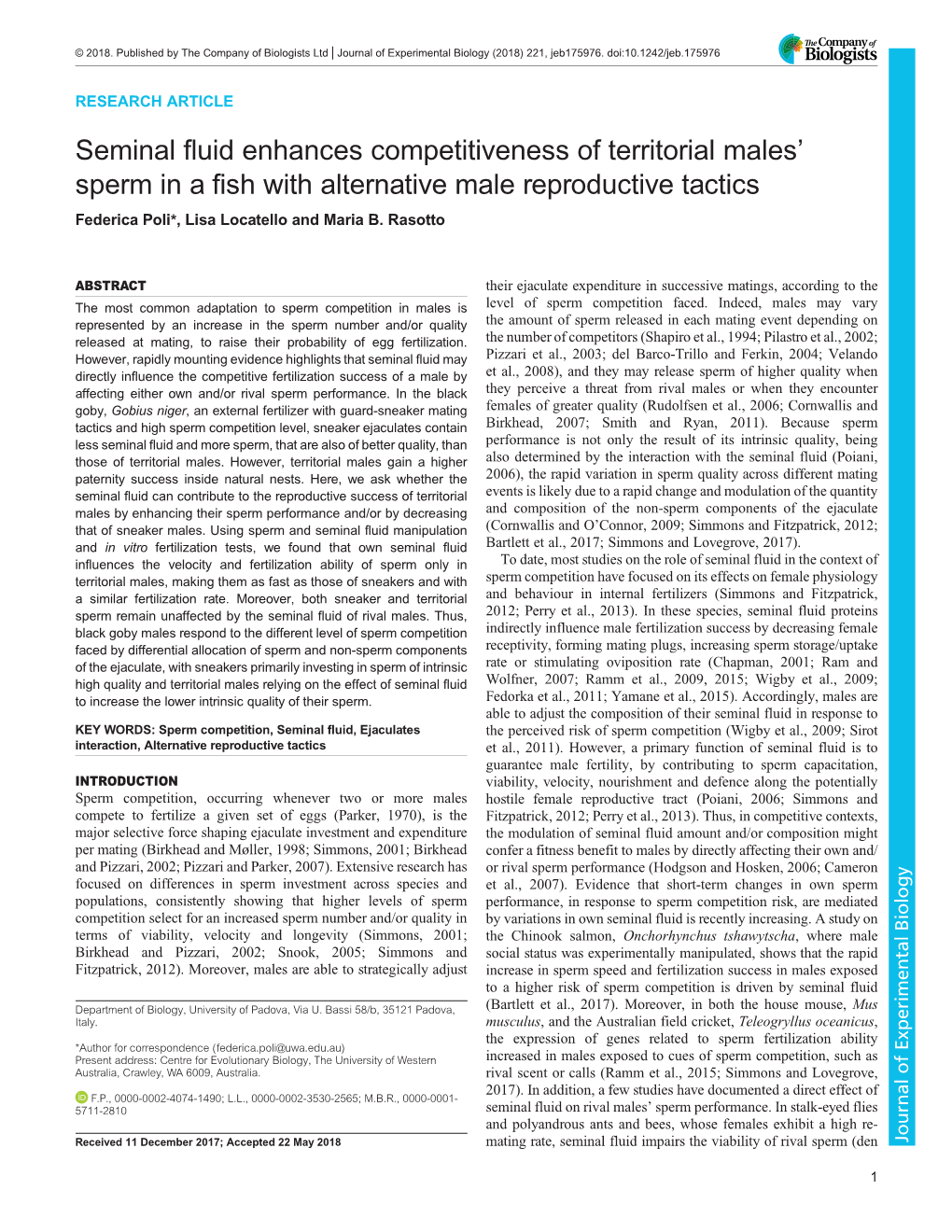 Seminal Fluid Enhances Competitiveness of Territorial Males’ Sperm in a Fish with Alternative Male Reproductive Tactics Federica Poli*, Lisa Locatello and Maria B