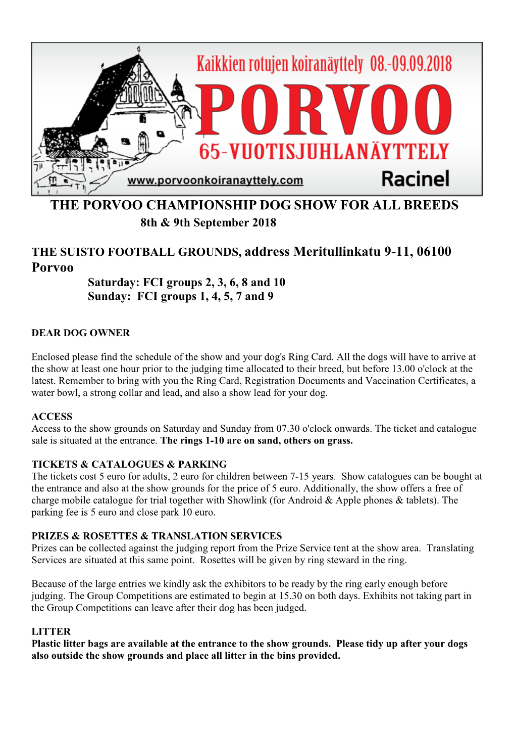 PORVOO CHAMPIONSHIP DOG SHOW for ALL BREEDS 8Th & 9Th September 2018