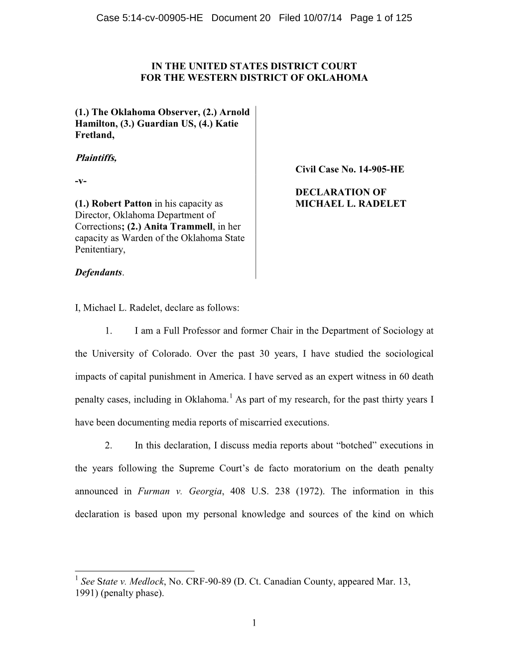 IN the UNITED STATES DISTRICT COURT for the WESTERN DISTRICT of OKLAHOMA (1.) the Oklahoma Observer, (2.) Arnold Hamilton, (3.)