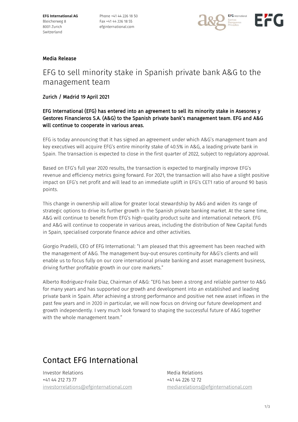 EFG to Sell Minority Stake in Spanish Private Bank A&G to the Management Team