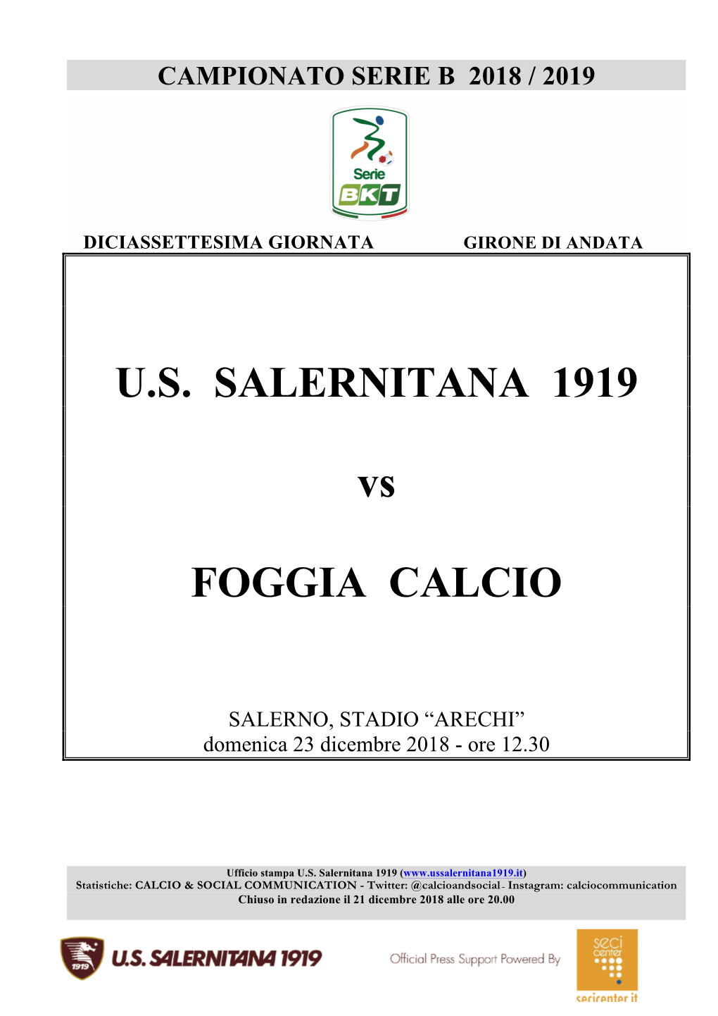 U.S. SALERNITANA 1919 Vs FOGGIA CALCIO