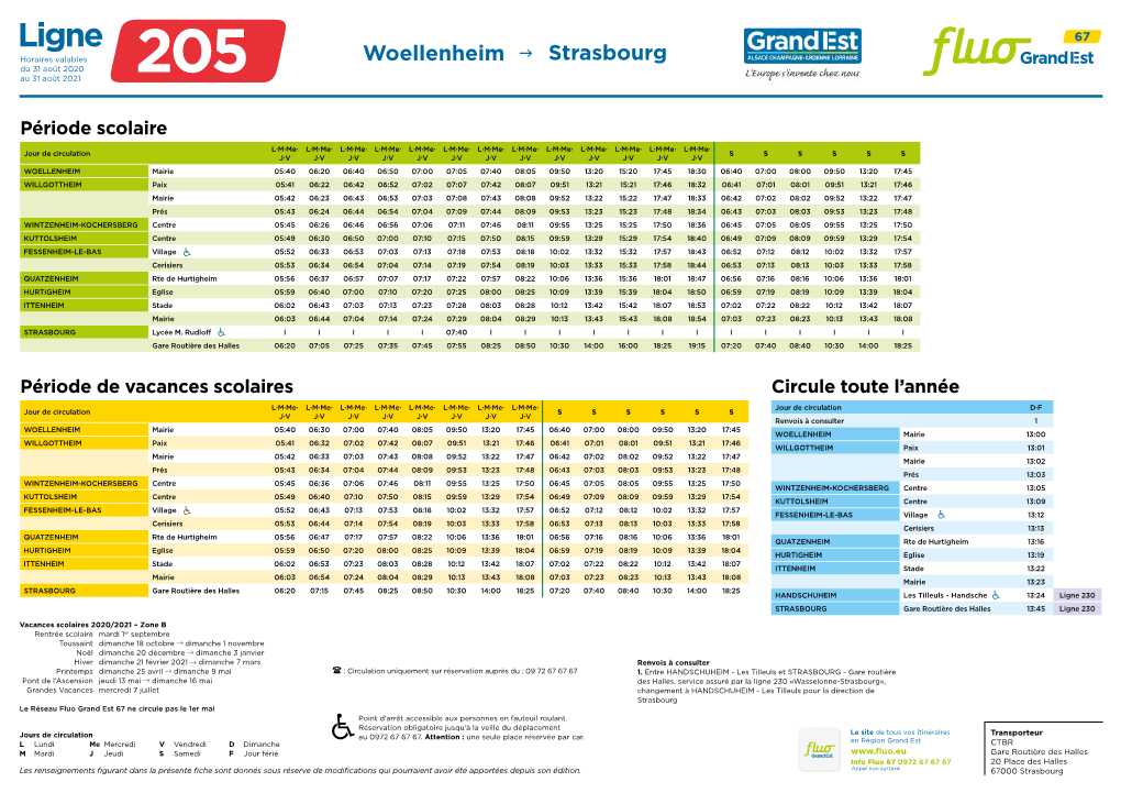 Ligne Horaires Valables Woellenheim  Strasbourg Du 31 Août 2020 Au 31 Août 2021 205
