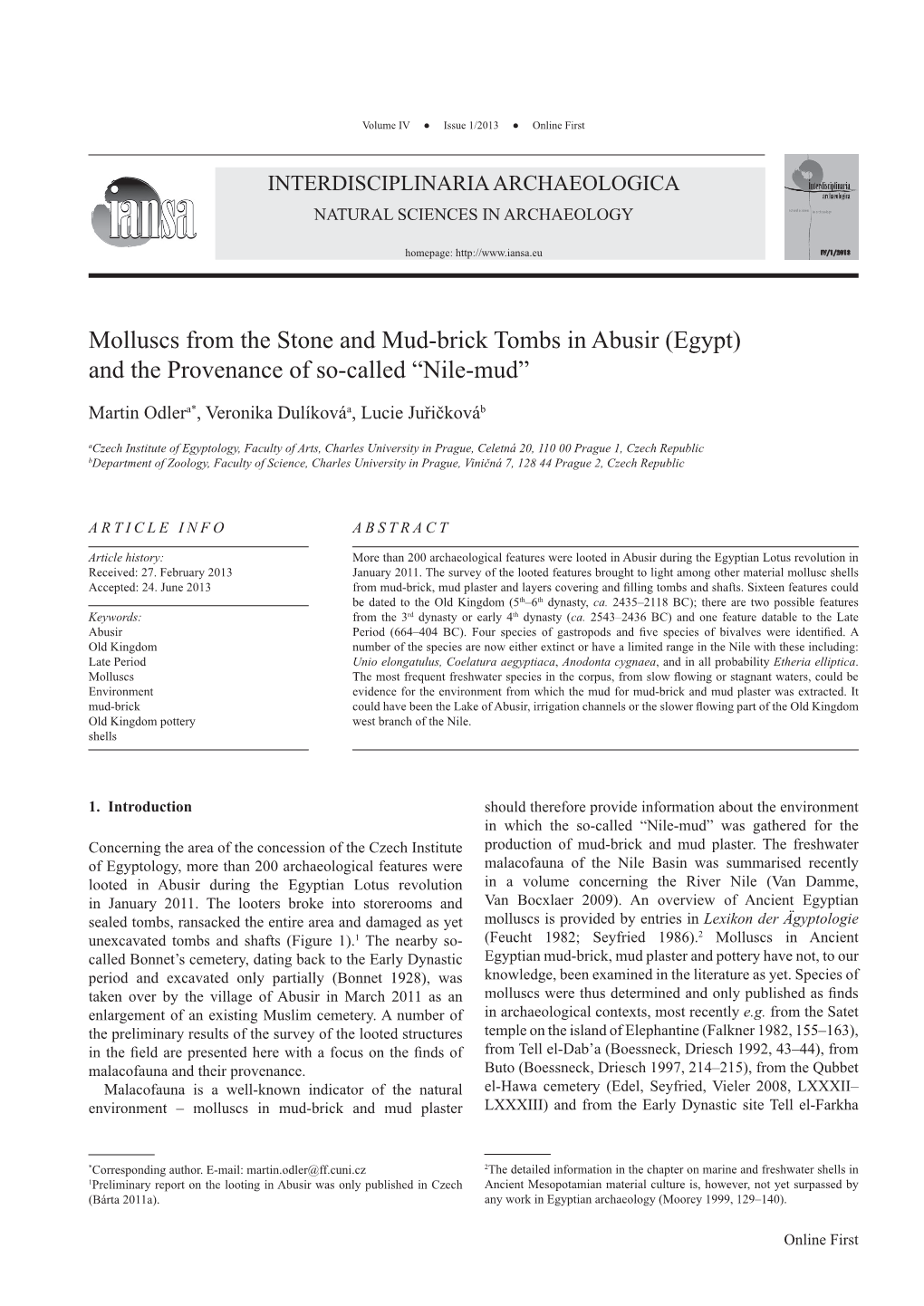 Molluscs from the Stone and Mud-Brick Tombs in Abusir (Egypt) and the Provenance of So-Called “Nile-Mud”