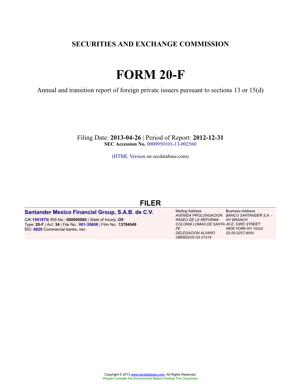 Santander Mexico Financial Group, S.A.B. De C.V. Form 20-F Filed