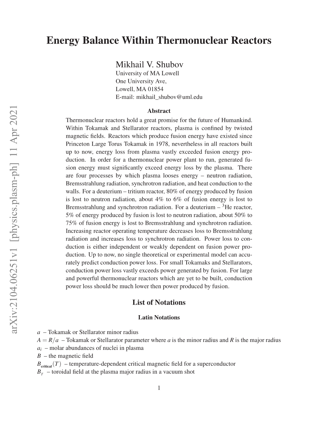 Energy Balance Within Thermonuclear Reactors