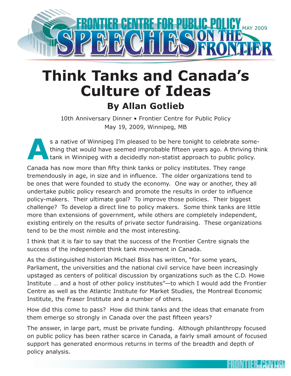 Think Tanks and Canada's Culture of Ideas by Allan Gotlieb