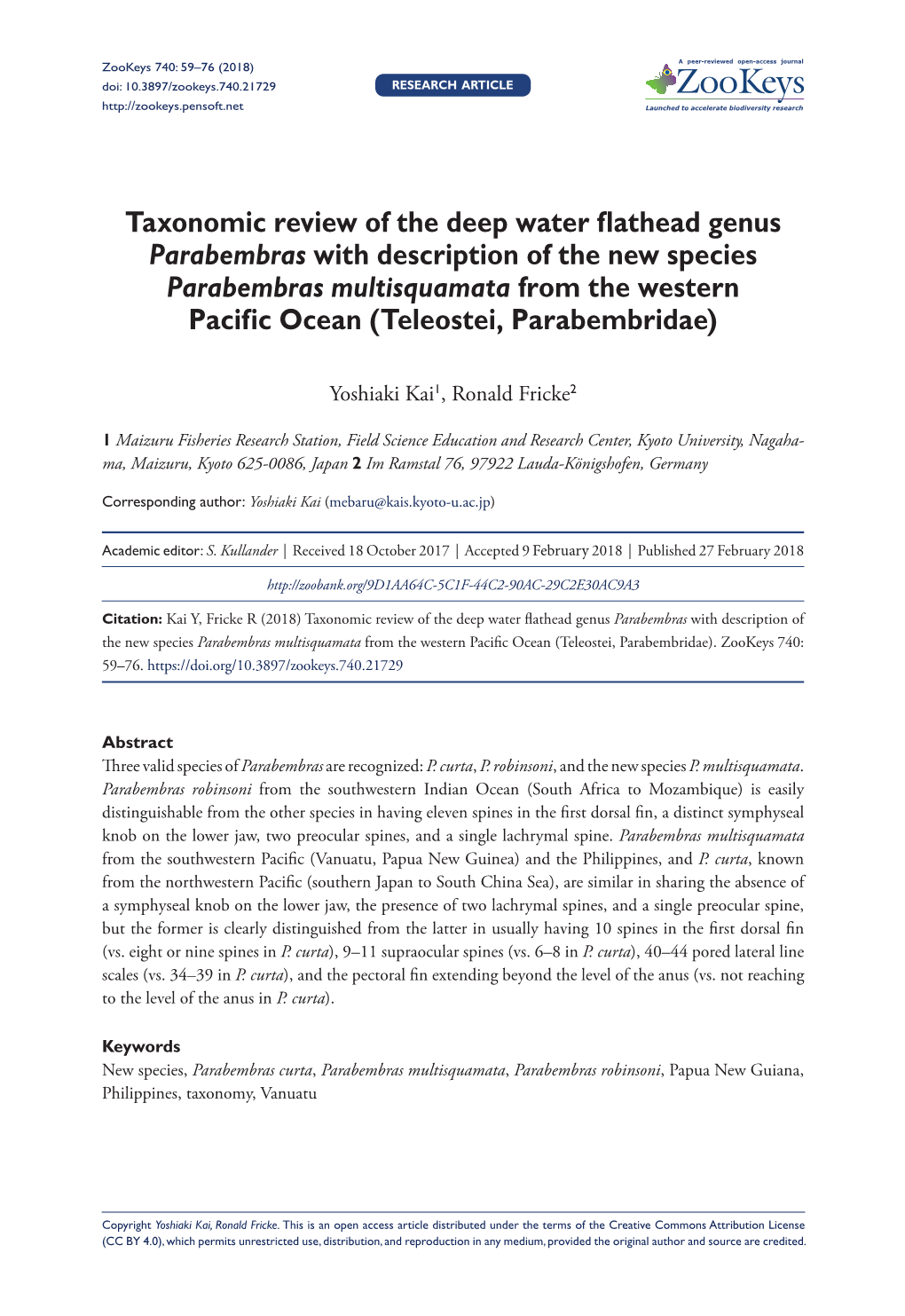 Taxonomic Review of the Deep Water Flathead Genus Parabembras With