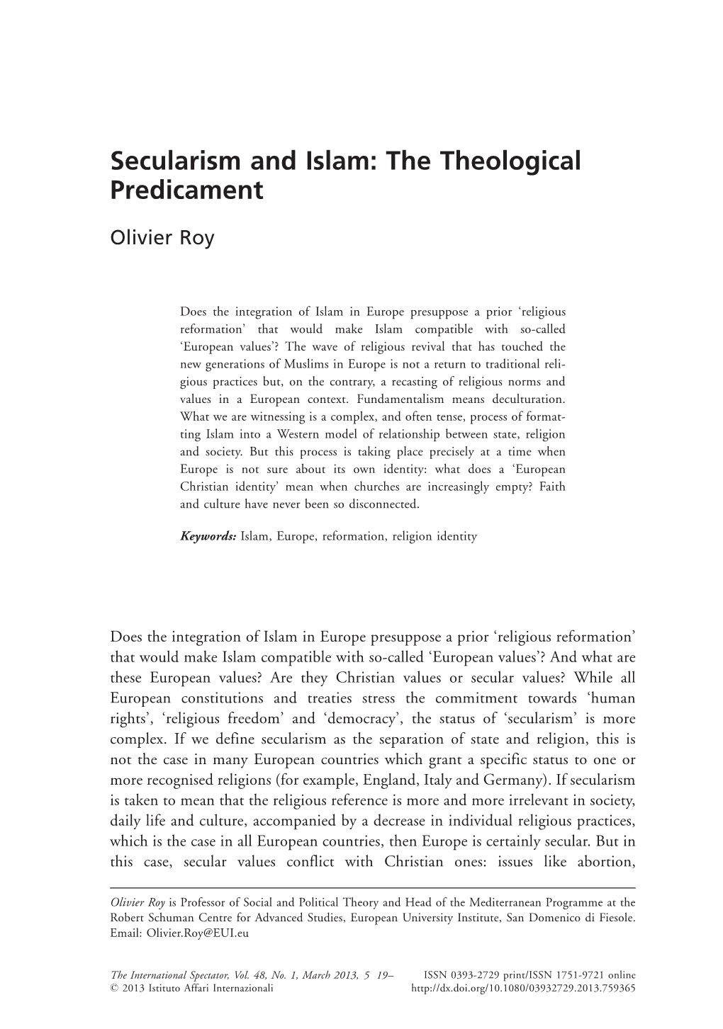 Secularism and Islam: the Theological Predicament