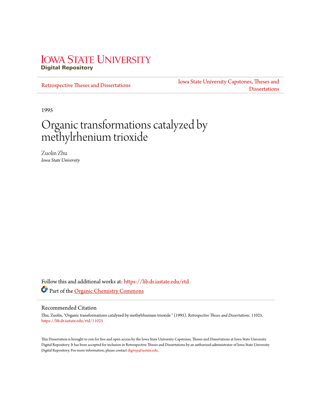 Organic Transformations Catalyzed by Methylrhenium Trioxide Zuolin Zhu Iowa State University