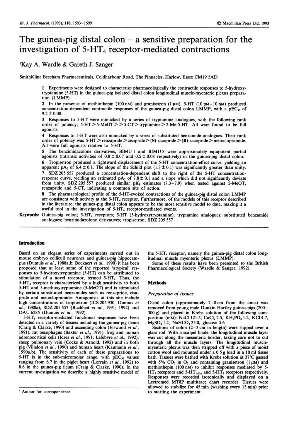 The Guinea-Pig Distal Colon - a Sensitive Preparation for the Investigation of 5-HT4 Receptor-Mediated Contractions 'Kay A