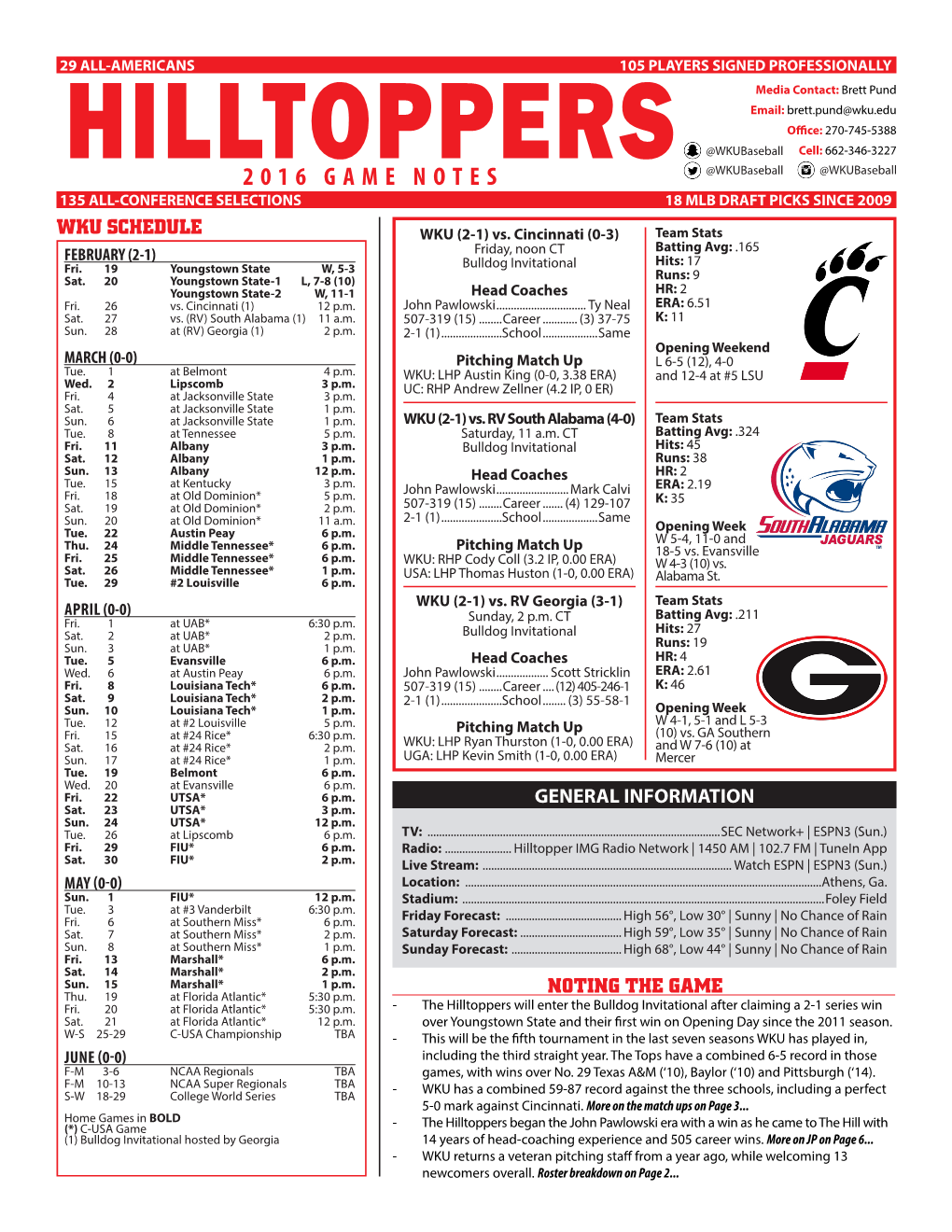 2016 GAME NOTES @Wkubaseball @Wkubaseball 135 ALL-CONFERENCE SELECTIONS 18 MLB DRAFT PICKS SINCE 2009