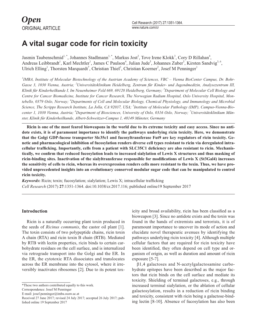 A Vital Sugar Code for Ricin Toxicity