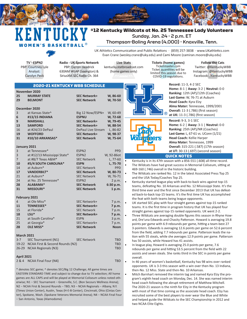 12 Kentucky Wildcats at No. 25 Tennessee Lady Volunteers Sunday, Jan. 24 - 2 P.M