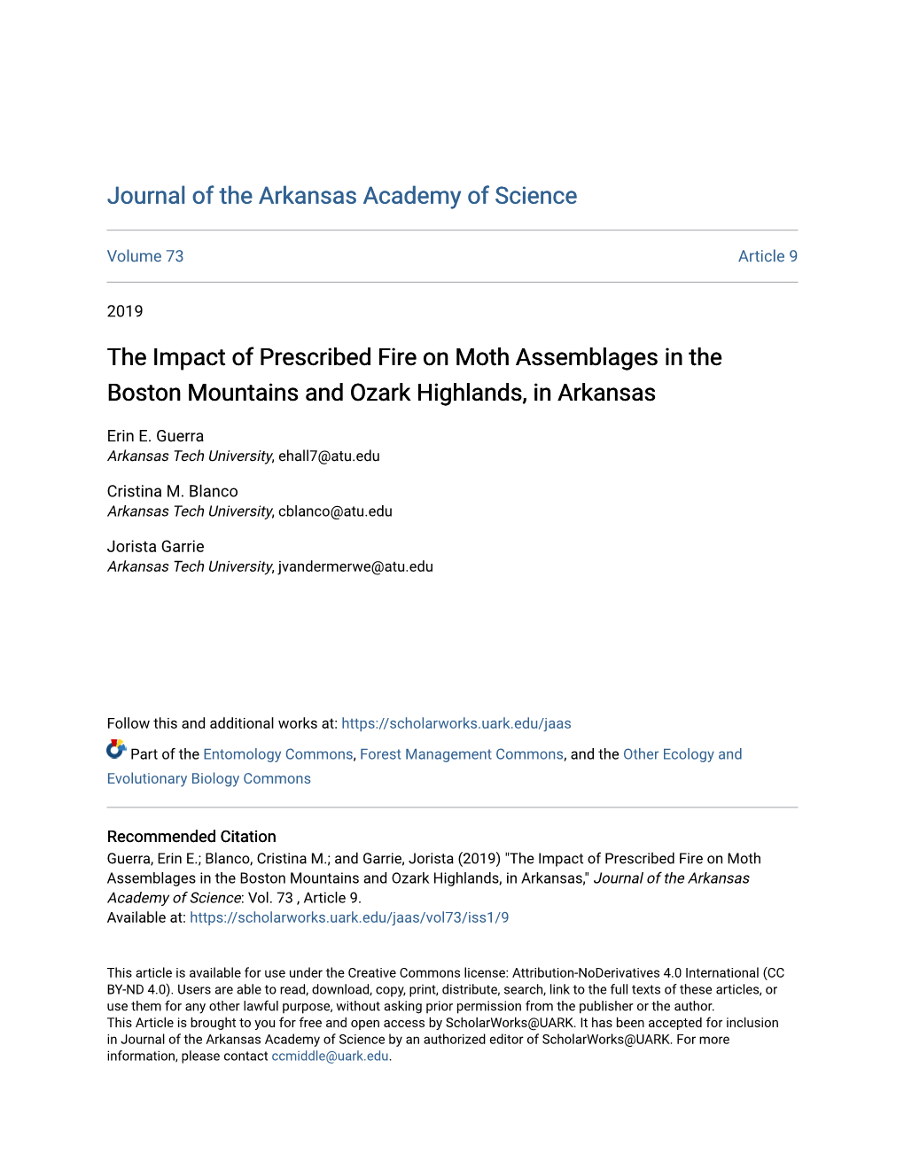 The Impact of Prescribed Fire on Moth Assemblages in the Boston Mountains and Ozark Highlands, in Arkansas