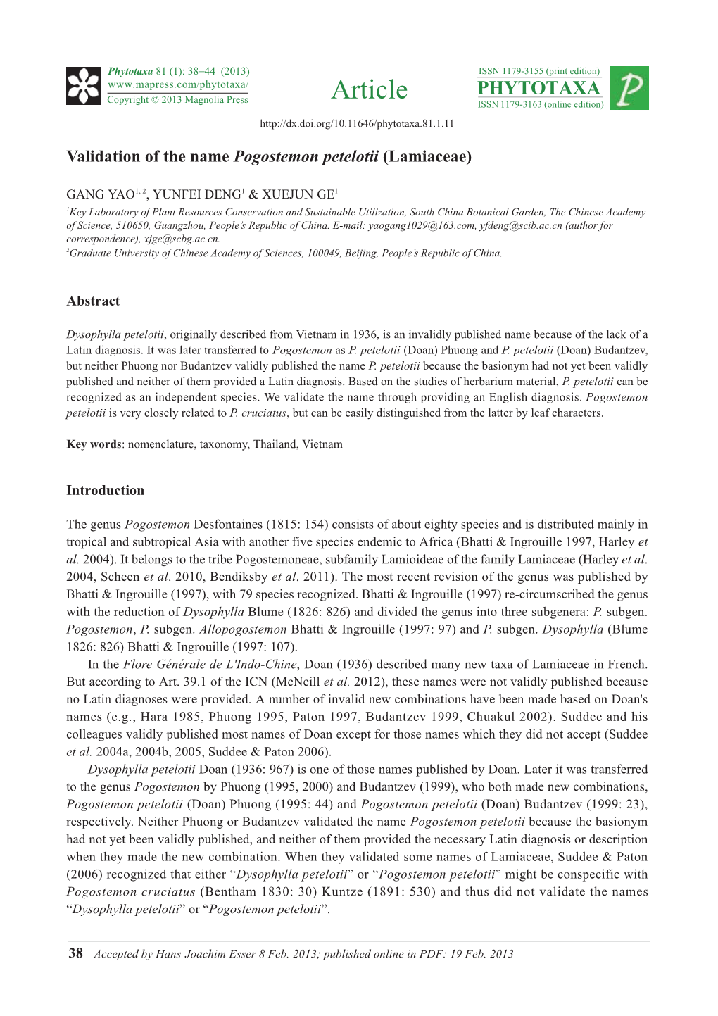 Validation of the Name Pogostemon Petelotii (Lamiaceae)