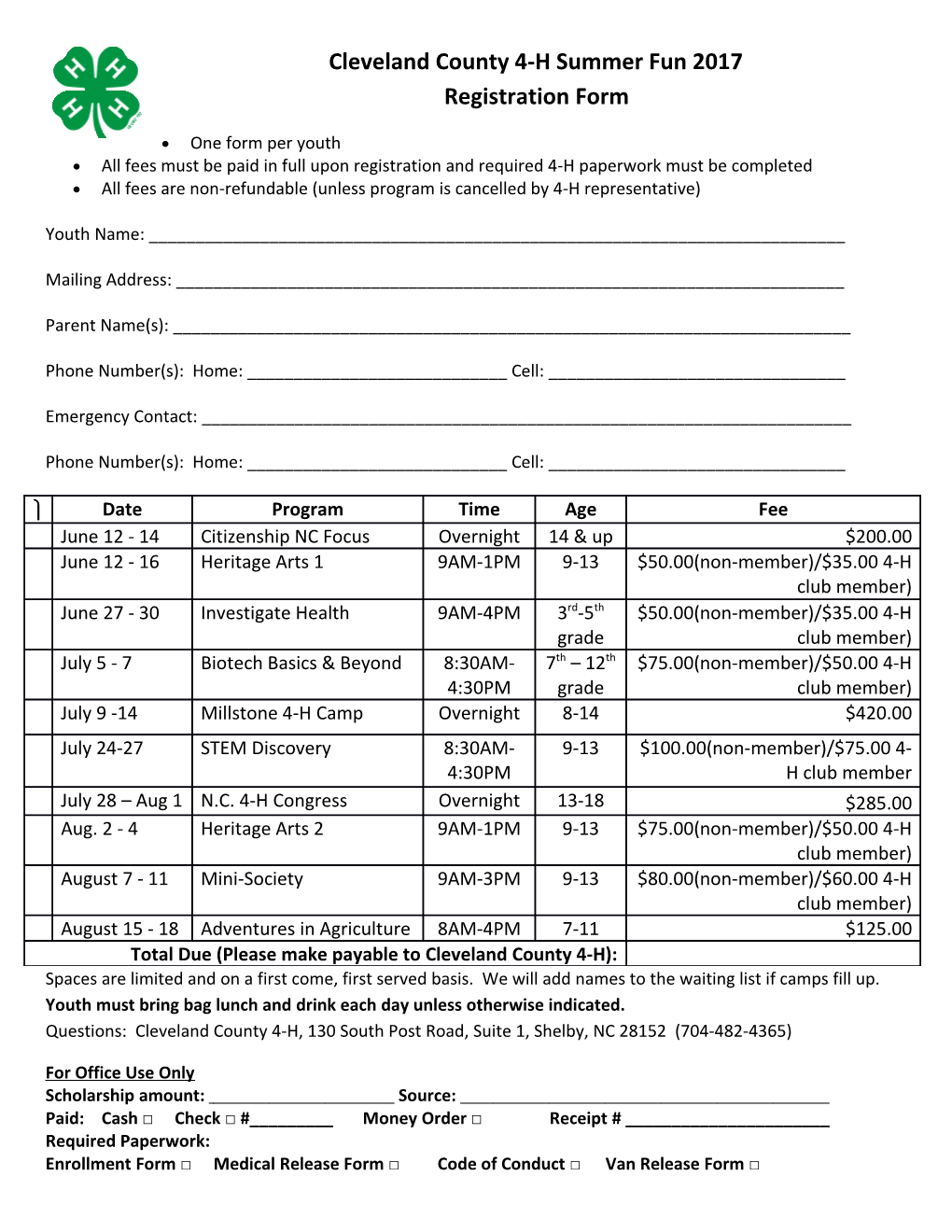 Cleveland County 4-H Summer Fun 2017 Registration Form